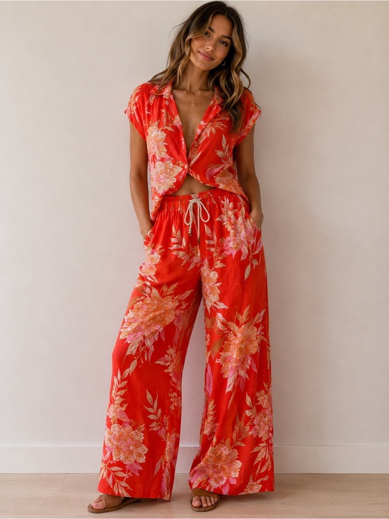 Cynthia Rowley Pants - Cynthia Rowley Red Floral Wide-Leg Pantsuit Set